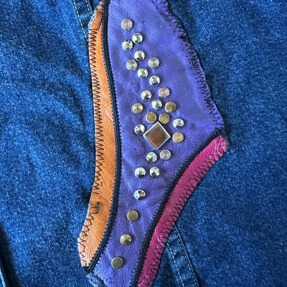 Lizwear Jeans Women's Upcycled Custom Button Up Denim Jacket Studded Patches - Picture 3 of 10